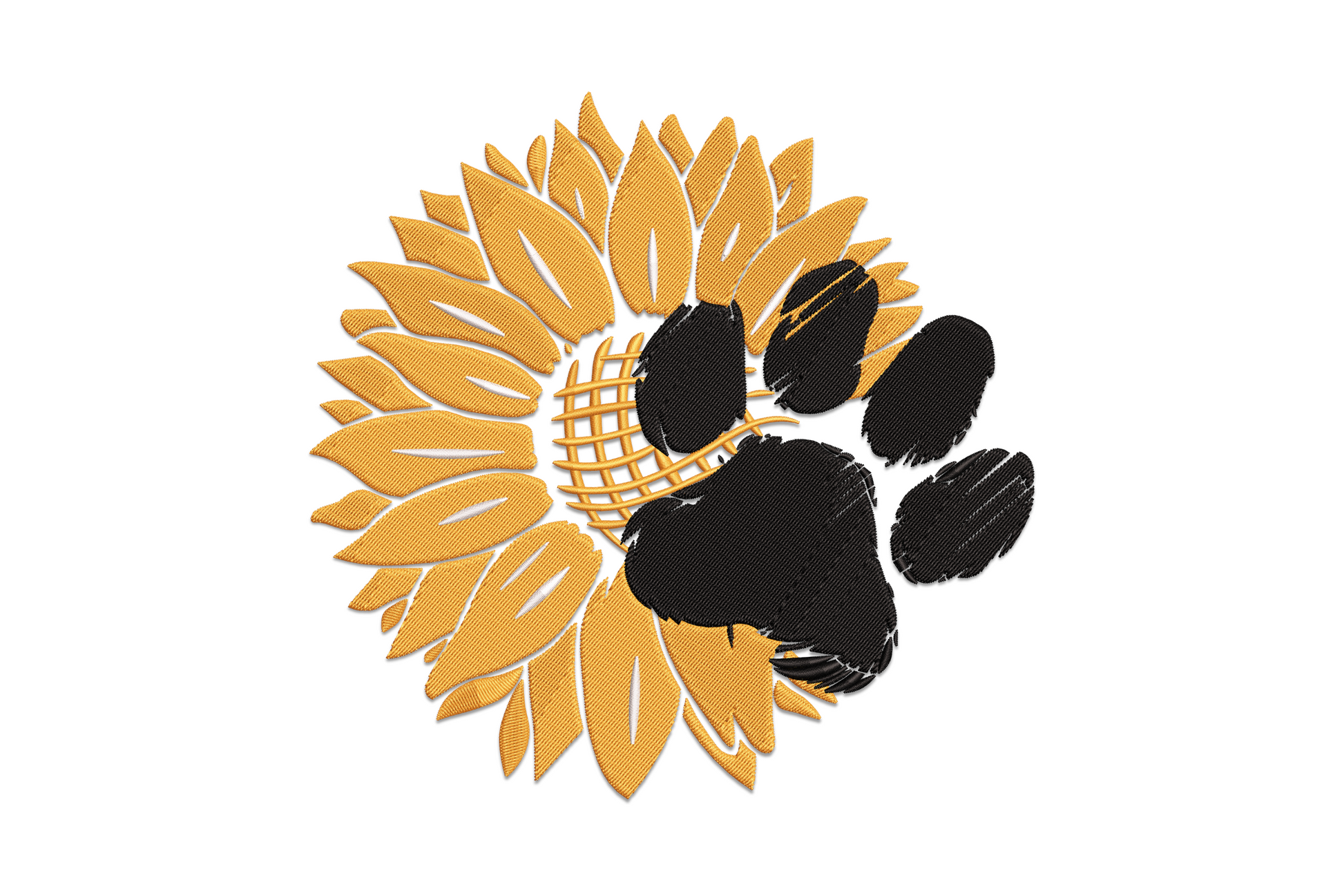 Sunflower paw print embroidery design, amber gold layered petals and bold black distressed paw overlapping the centre.