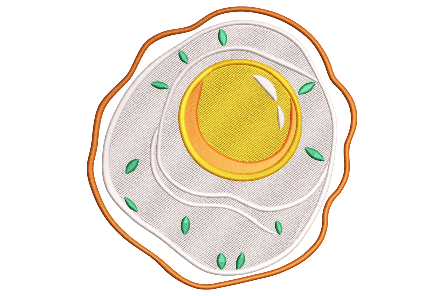 Sunny side up fried egg embroidery with marigold yolk, cream wavy white, rust outline, and small sage basil leaves.