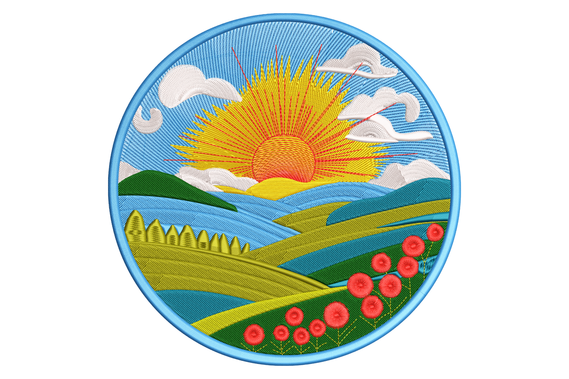 Sunny landscape embroidery circular patch with radiant golden sun, rolling green hills, red poppies and white clouds.