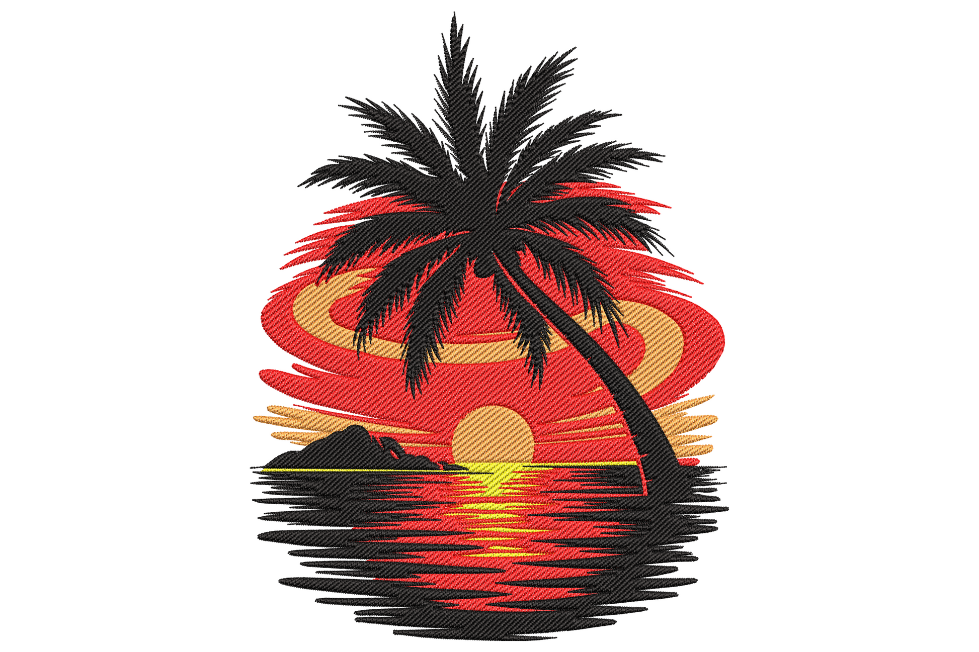 Sunset beach embroidery with leaning black palm silhouette, red orange swirly sky, golden sun on horizon and striped water.