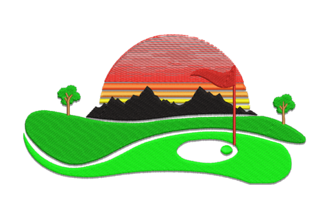 Sunset golf course landscape embroidery, orange sun behind black mountains with green fairway, red pin flag and trees.