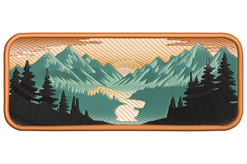 Embroidery patch with rounded corners, teal mountains and an orange setting sun between two peaks, pine silhouettes.