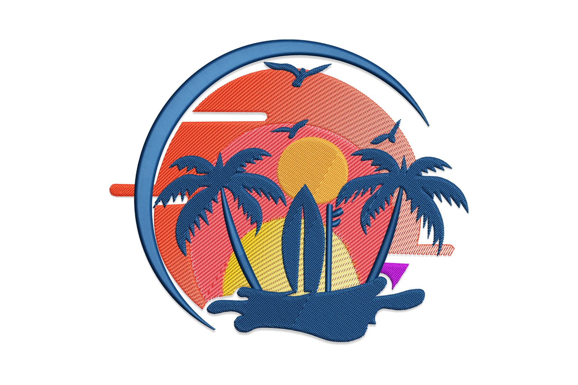 Embroidery design showing a striped surfboard standing upright on a small sandy island beside a palm tree, with a glowing amber sun and navy water, in 6 thread colours