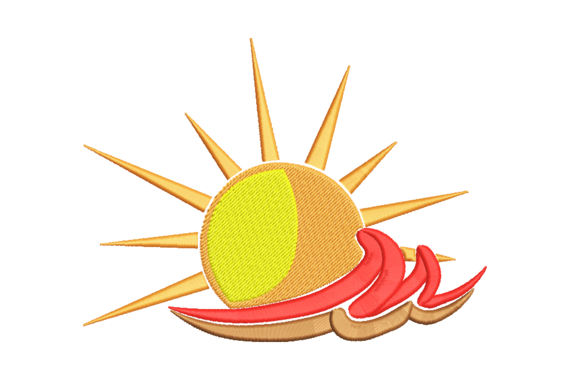 Retro sunset embroidery with a half amber sun disc, sharp spike rays and three coral-red wave arcs curling below in a vintage surf patch style.