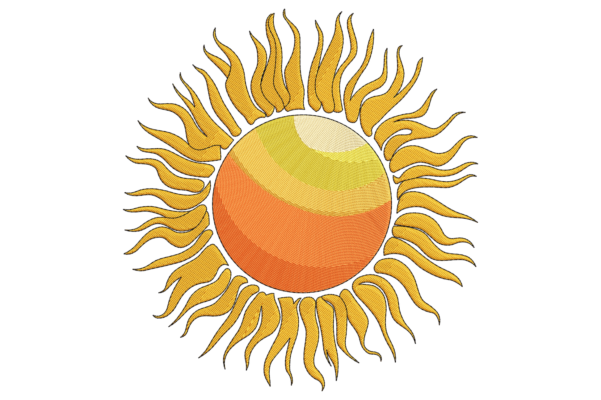 Sunshine embroidery design with a golden yellow to deep orange gradient sun centre and wavy flame-shaped boho rays