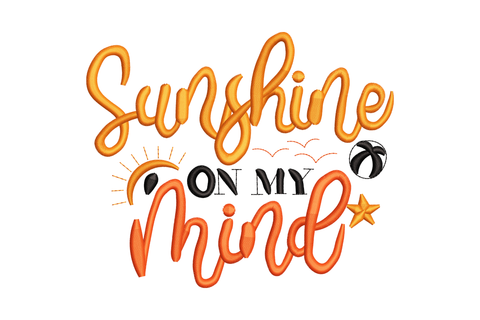 Sunshine On My Mind embroidery with yellow cursive Sunshine, black ON MY caps, red mind, beach ball star and seagull accents