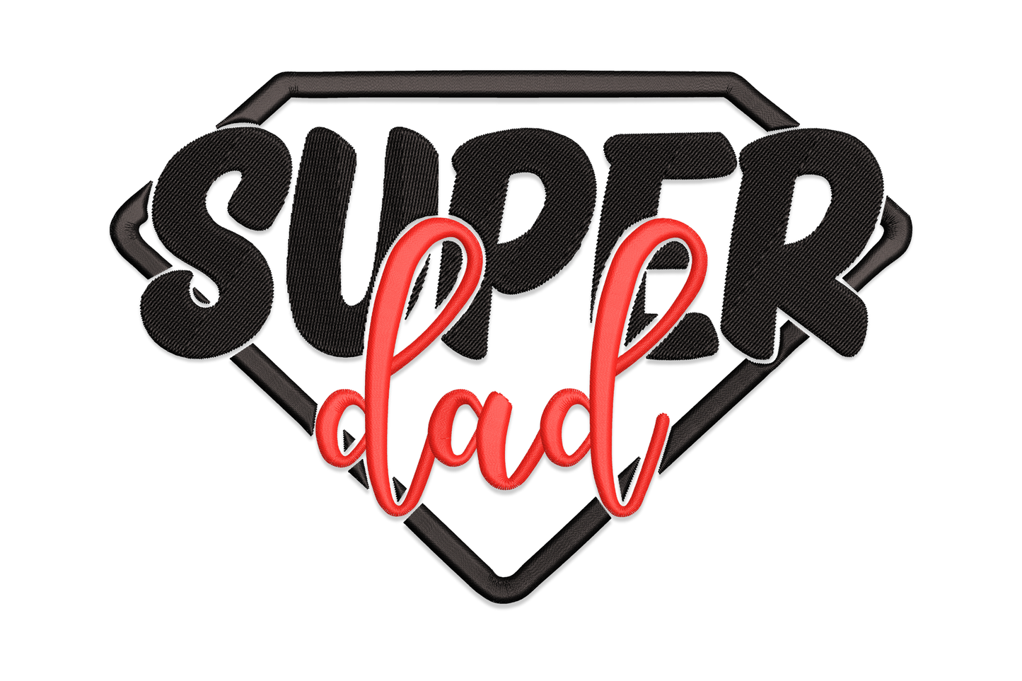 Super Dad embroidery design with a bold black diamond superhero shield outline, SUPER in black block letters and dad in red brush script overlaid across the centre.