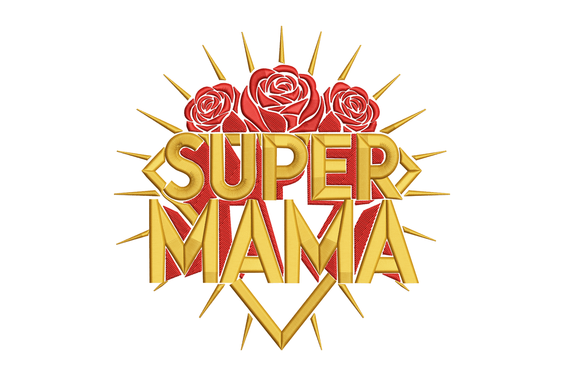 Logo with 'Super Mama' text and roses embroidery design