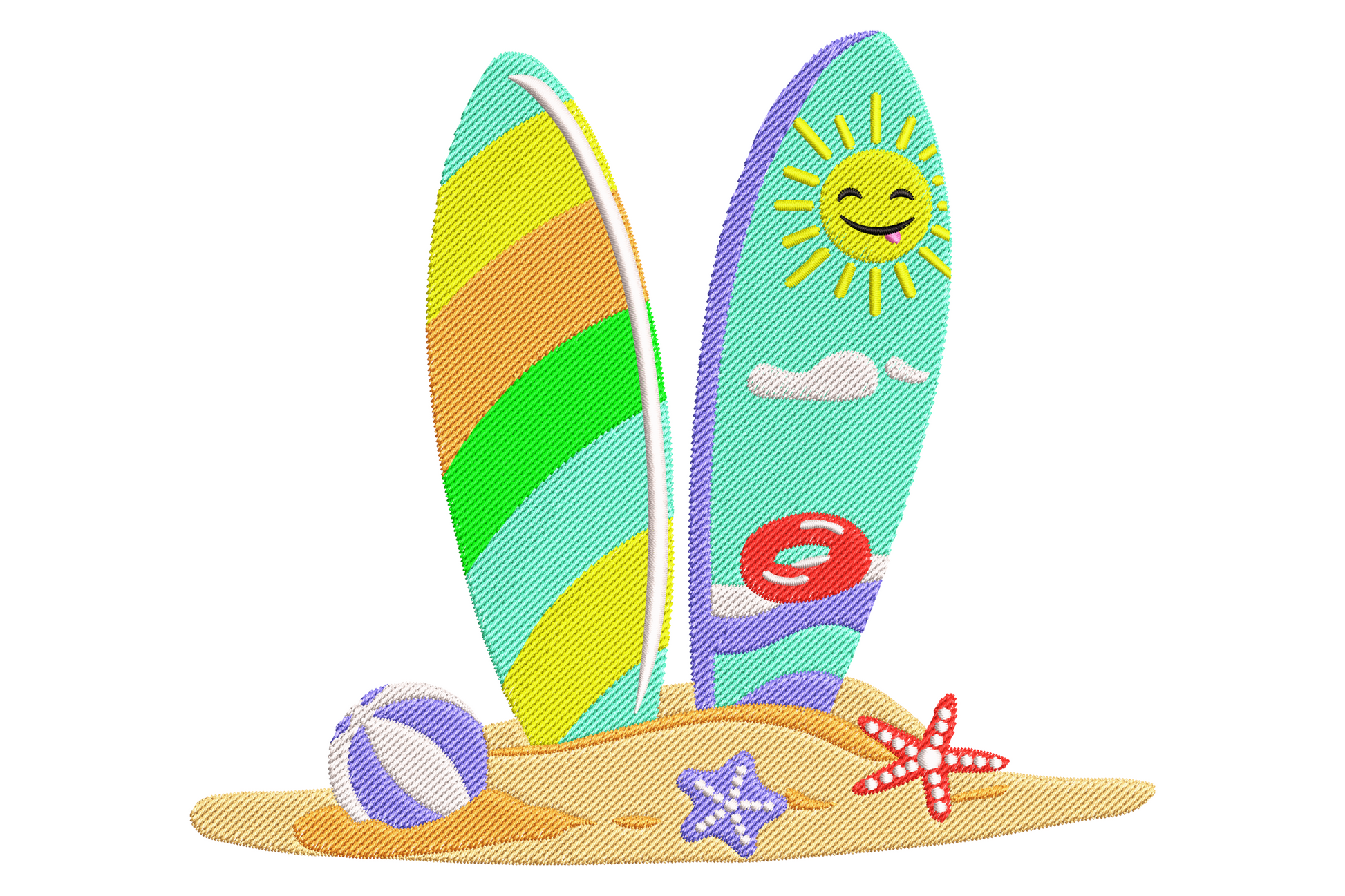 Surfboard beach summer embroidery, two boards in sand with smiling sun, beach ball, starfish and rainbow stripes