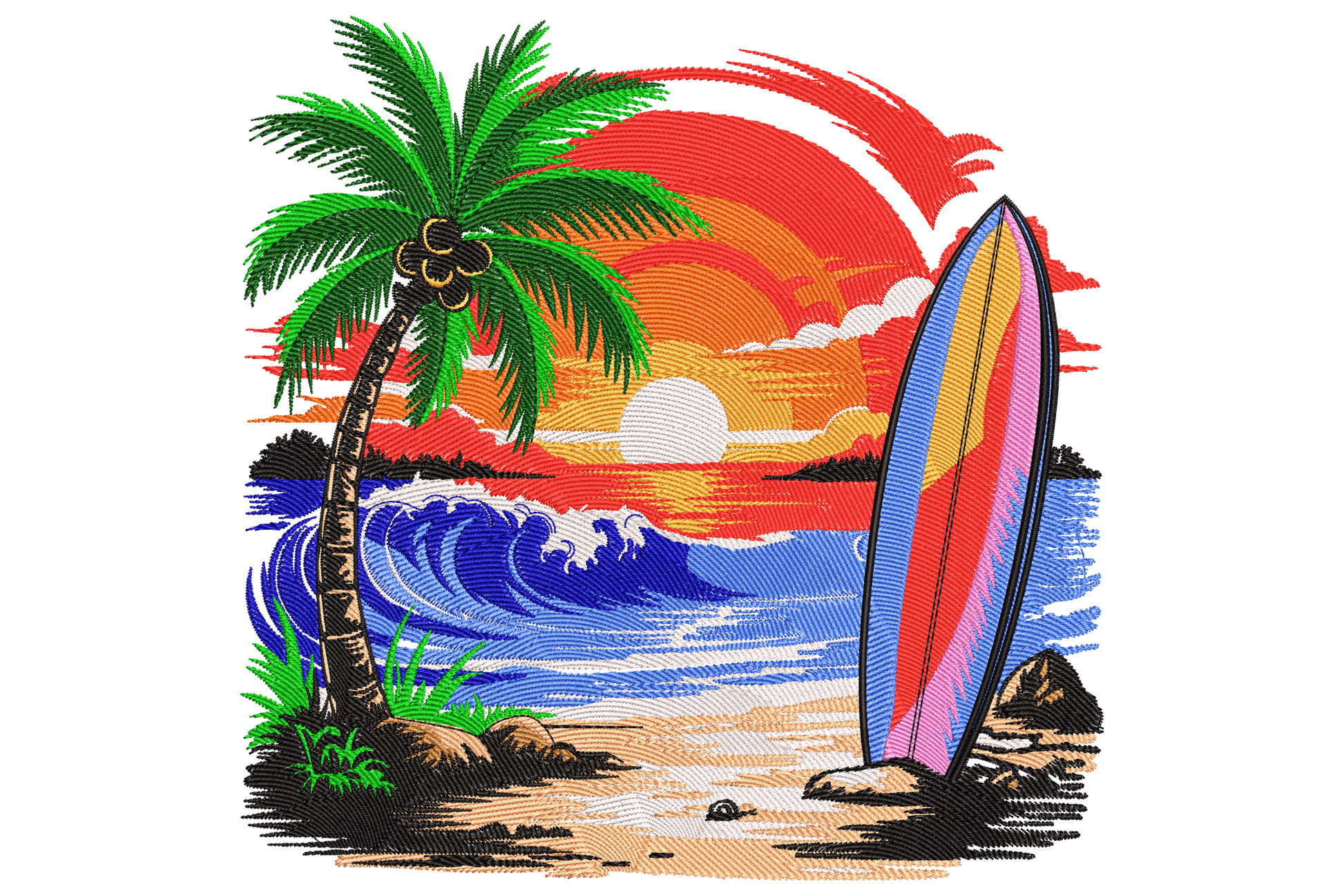 Coconut palm and vertical surfboard on tan sand beach with crashing wave and giant red sunset, tropical postcard embroidery