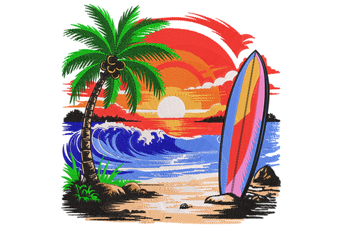 Coconut palm and vertical surfboard on tan sand beach with crashing wave and giant red sunset, tropical postcard embroidery