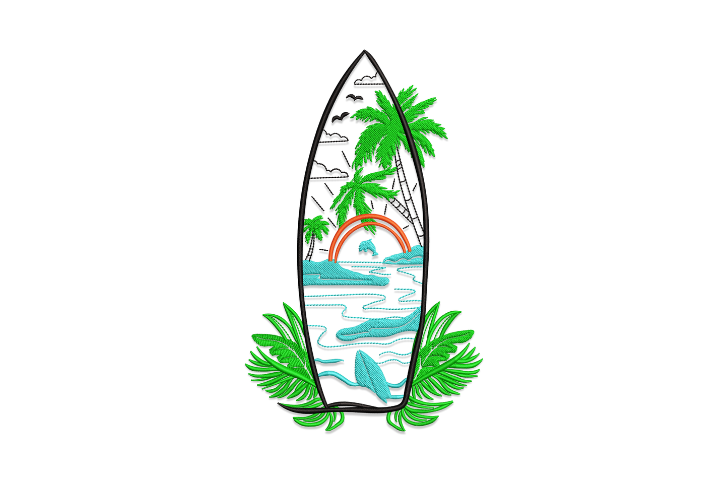 Surfboard embroidery design with a tropical beach scene inside: black palm trees, orange-red sunset arc, leaping dolphin, layered teal waves, and large bright green monstera leaves flanking the base.