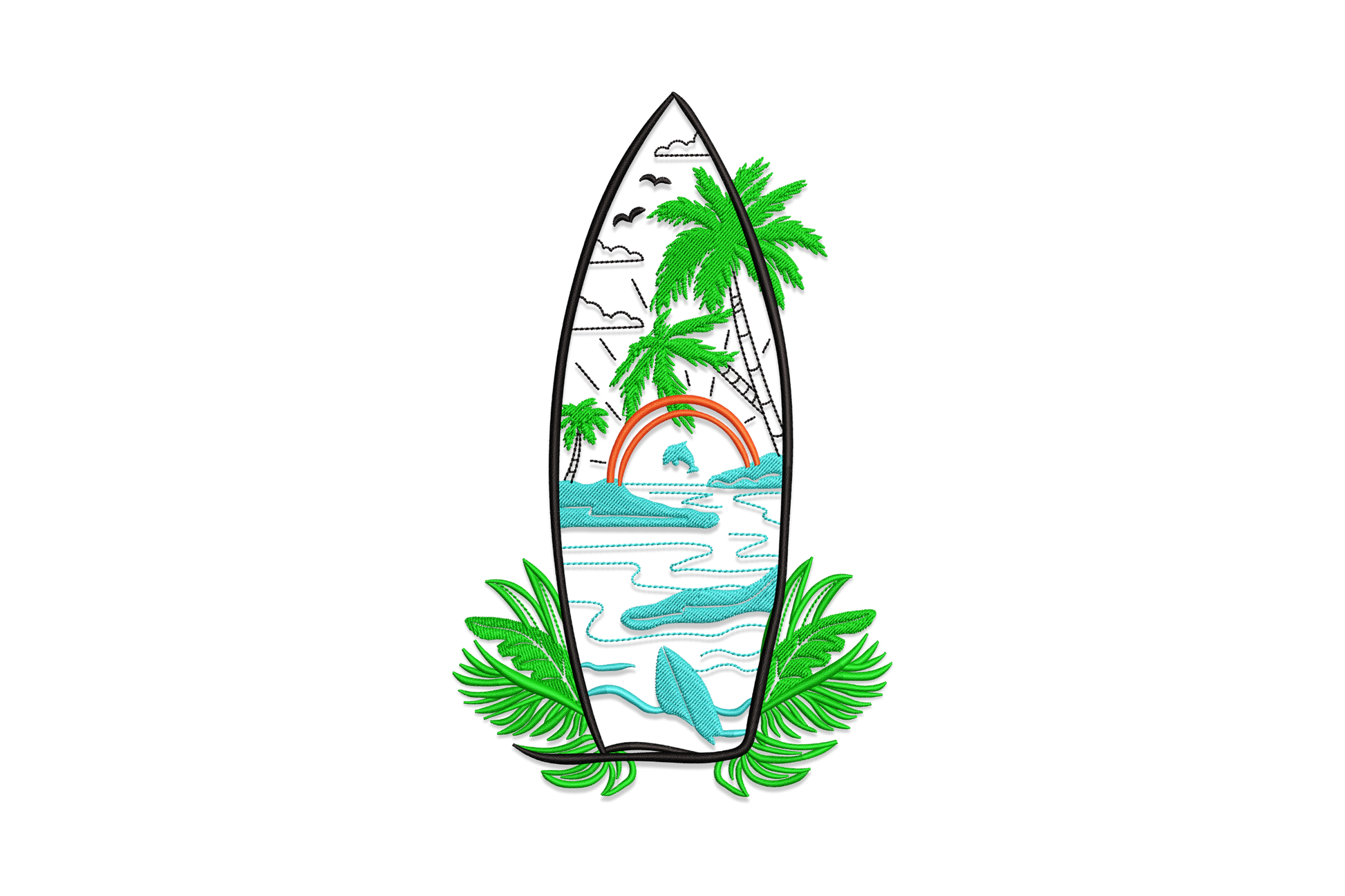 Surfboard embroidery design with a tropical beach scene inside: black palm trees, orange-red sunset arc, leaping dolphin, layered teal waves, and large bright green monstera leaves flanking the base.