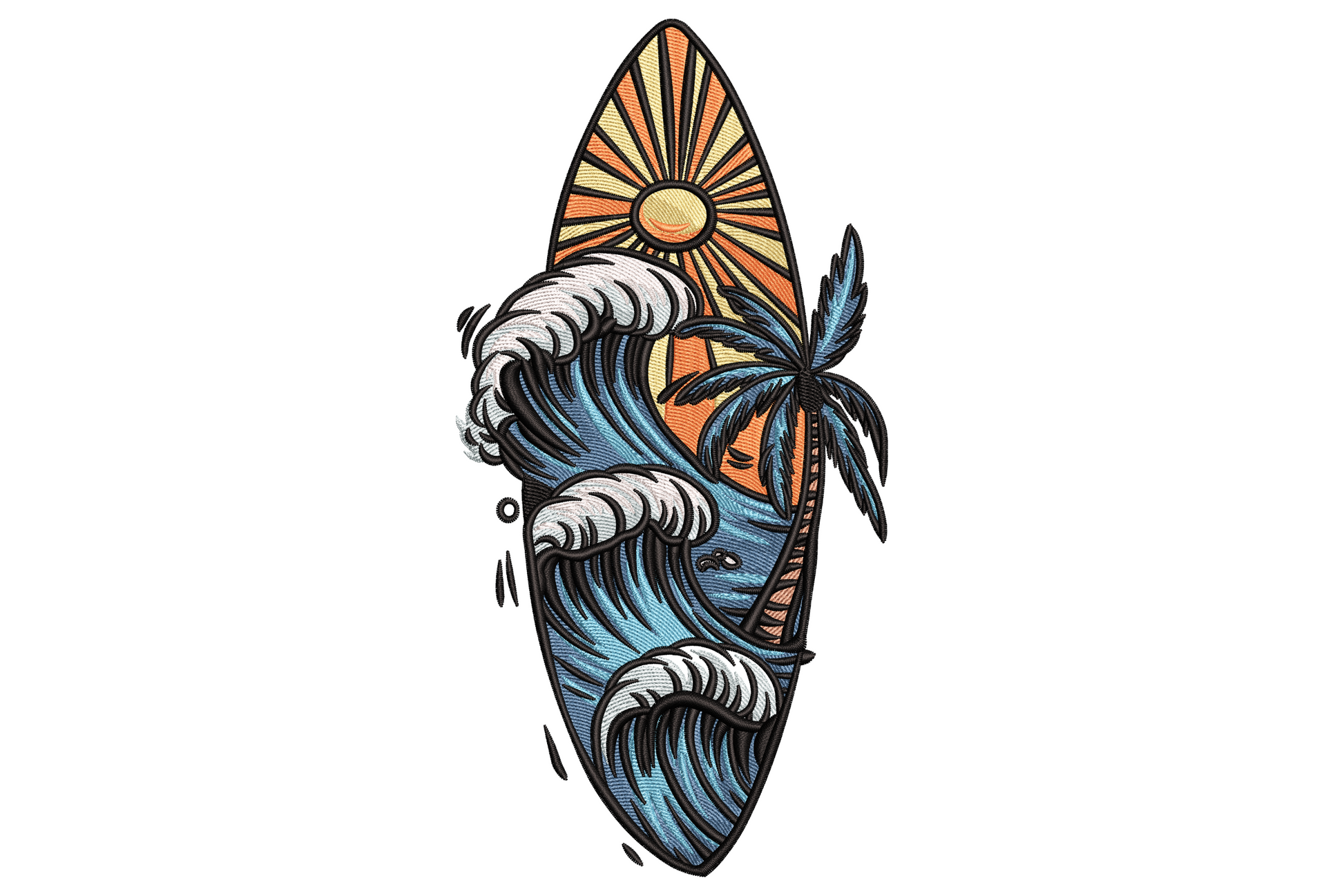 Surfboard embroidery with a crashing ocean wave, palm tree silhouette and striped sunset rays in vintage tattoo flash style.