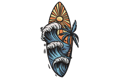 Surfboard embroidery with a crashing ocean wave, palm tree silhouette and striped sunset rays in vintage tattoo flash style.