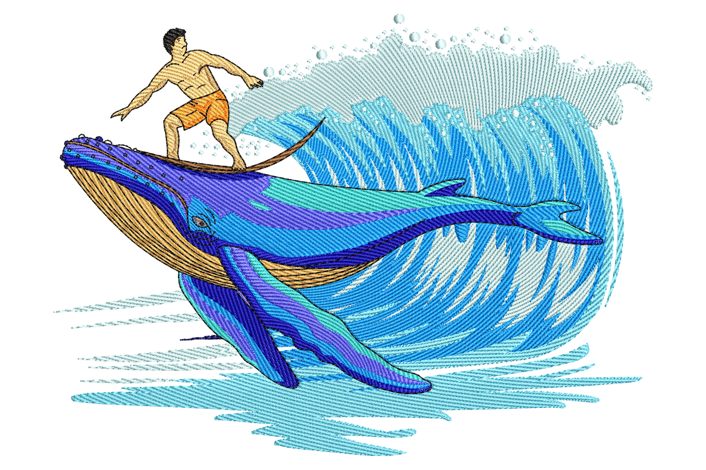 Embroidery design of a surfer in orange trunks balanced on a blue humpback whale leaping out of a cresting ocean wave