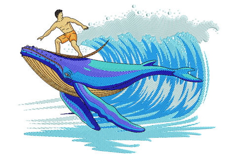 Embroidery design of a surfer in orange trunks balanced on a blue humpback whale leaping out of a cresting ocean wave