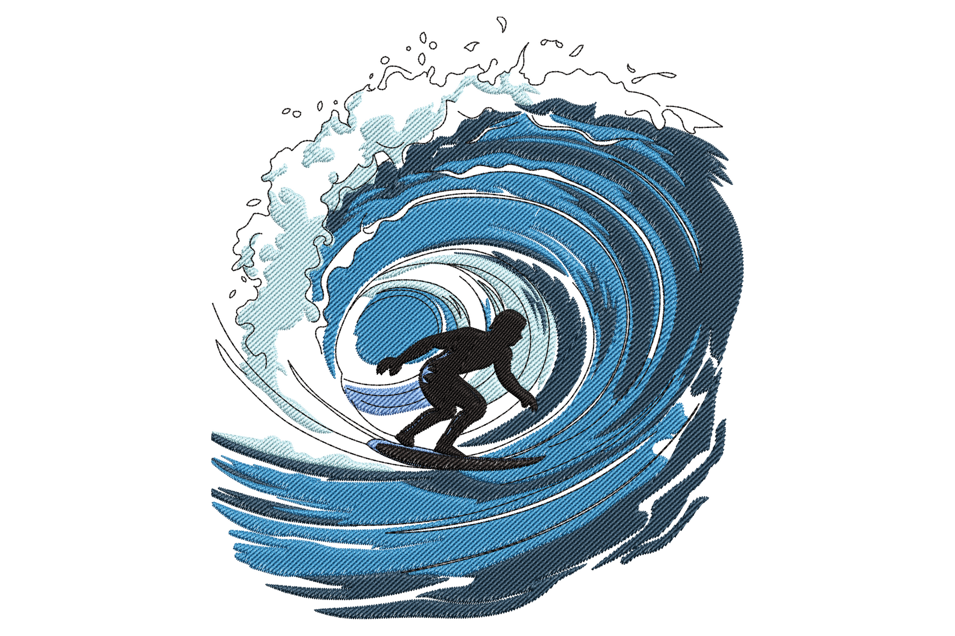 Surfer wave embroidery, silhouette surfer riding inside a deep blue barrel wave with white spray foam and ink hatching.