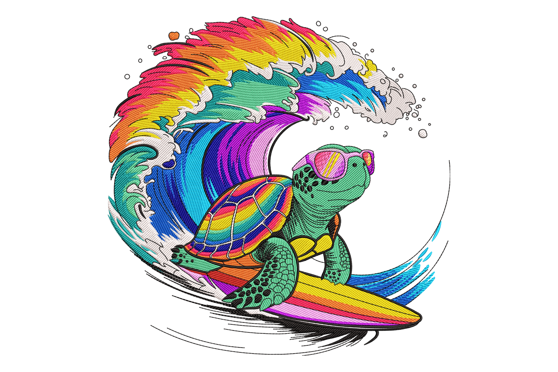 Surfing sea turtle embroidery design with rainbow wave, pink sunglasses and yellow surfboard, 13 vibrant colours on white background.