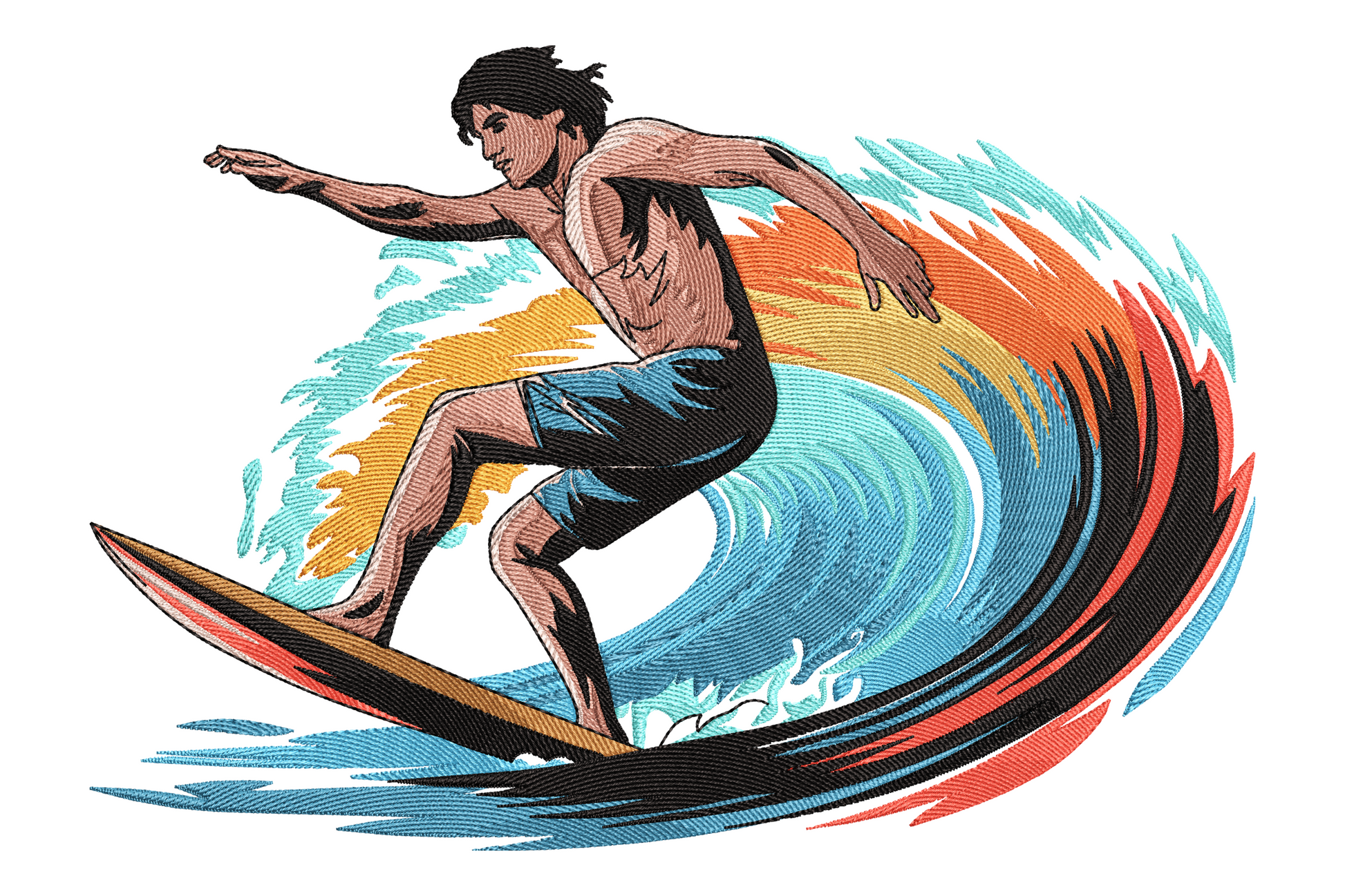 Surfer crouching on a longboard with a bold wave in aqua, orange and red behind, brushstroke style, machine embroidery design on white background