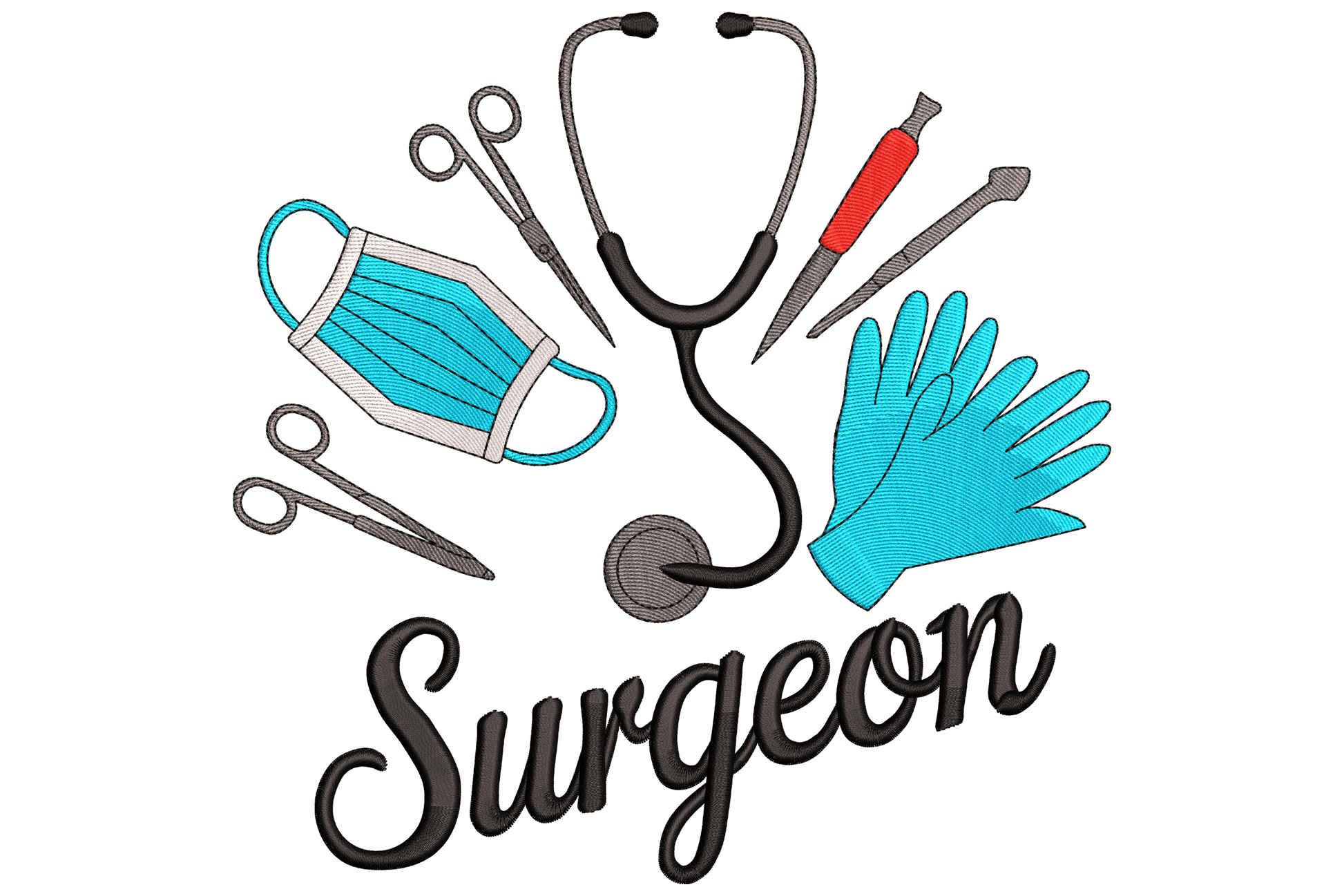 Surgeon tools embroidery with stethoscope, teal mask and gloves, black scalpel and forceps arranged around the word Surgeon in cursive script.