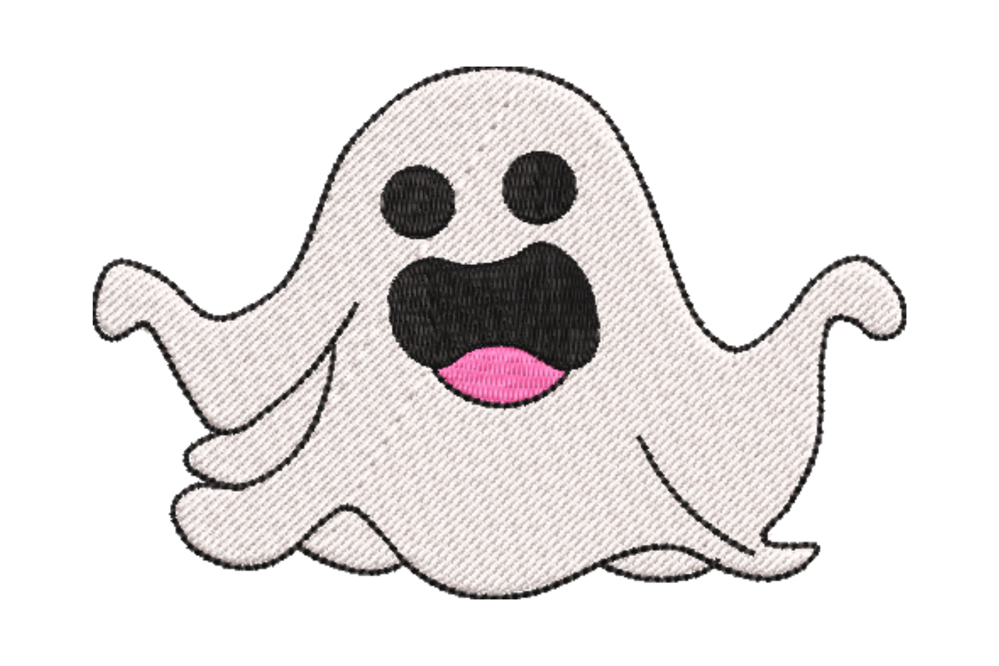 Surprised ghost halloween embroidery design with wide black eyes and pink open mouth