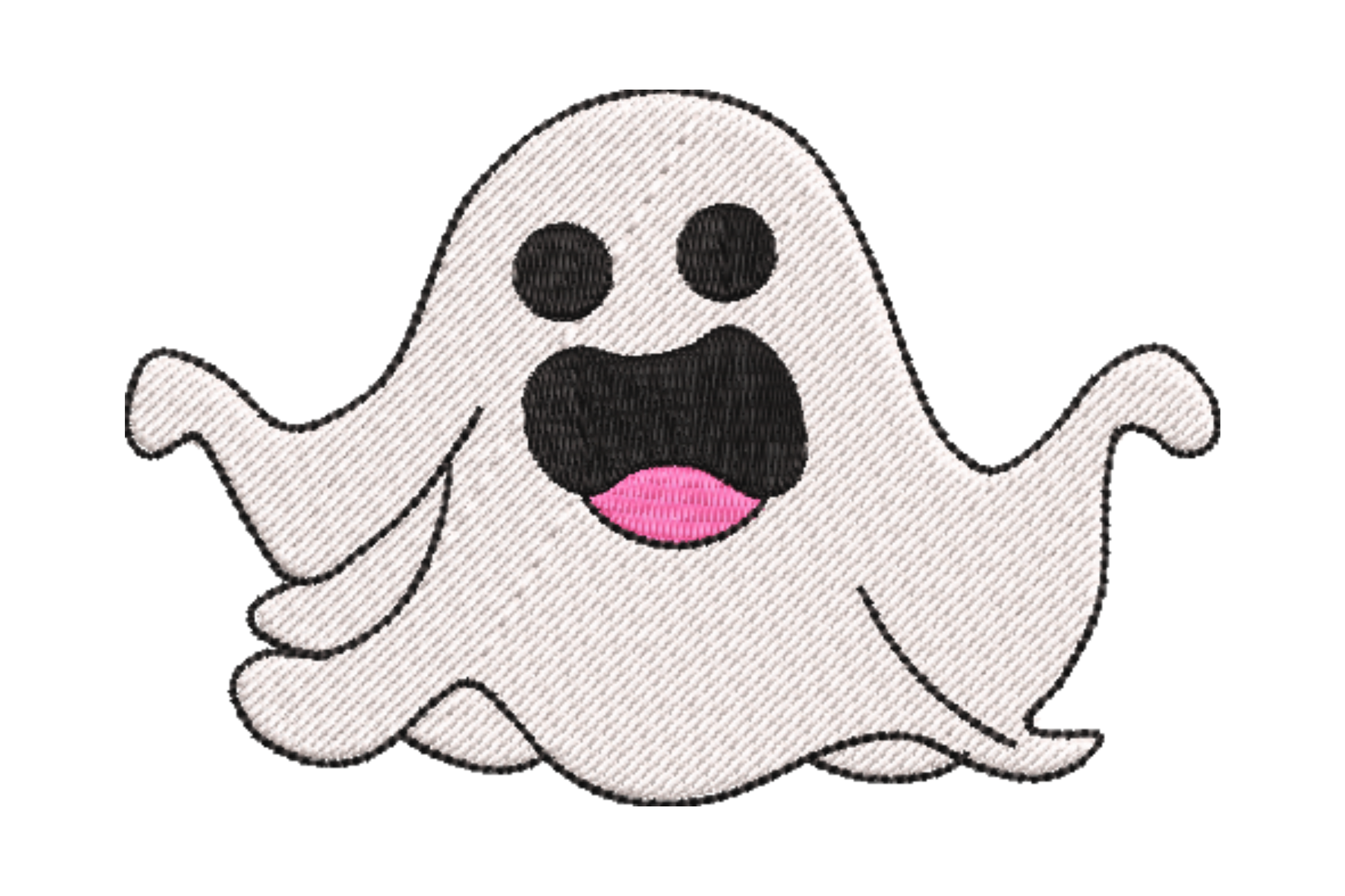 Surprised ghost halloween embroidery design with wide black eyes and pink open mouth