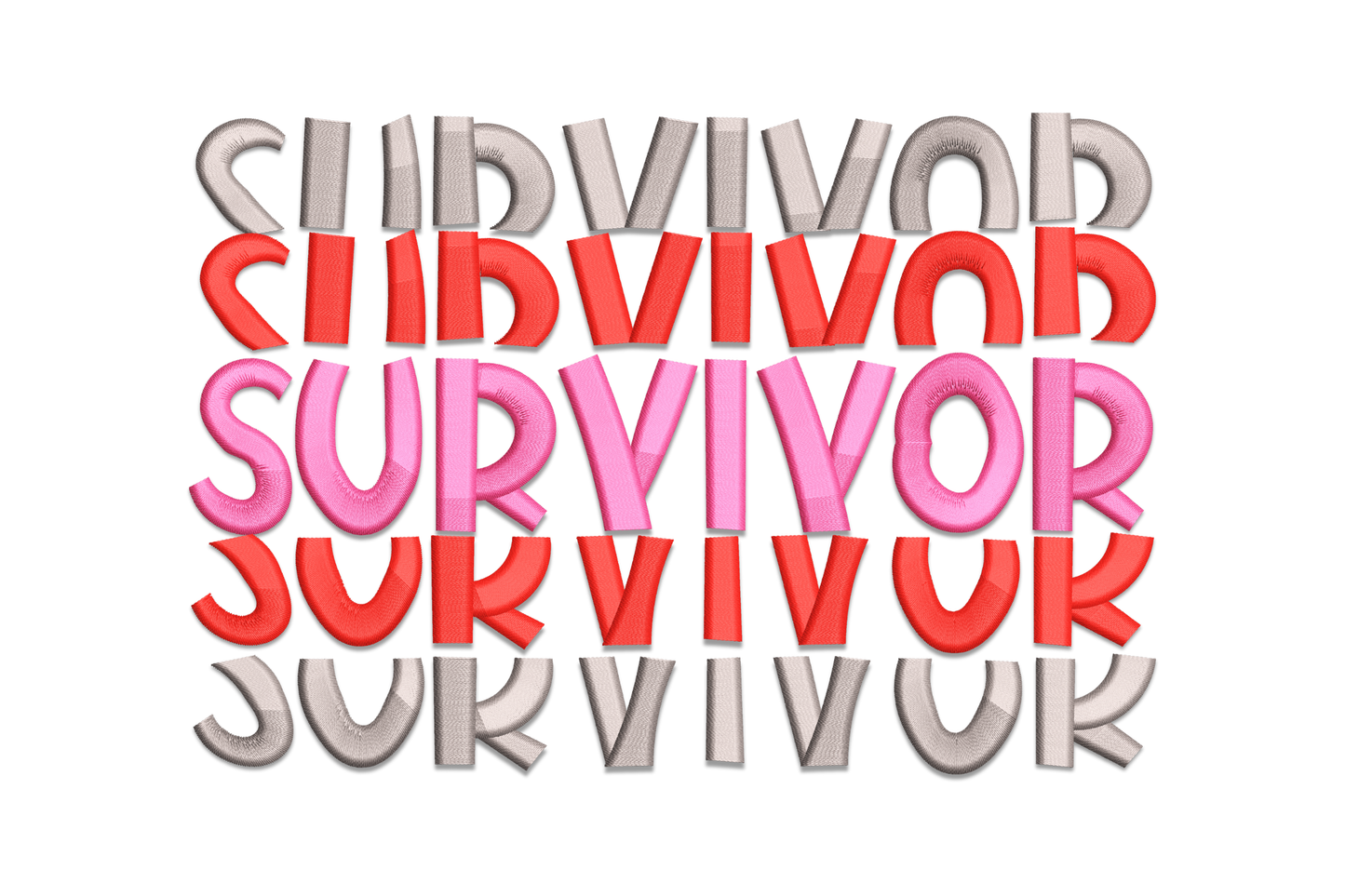 Stacked SURVIVOR word block embroidery design in red, pink and grey bold lettering repeated five times vertically