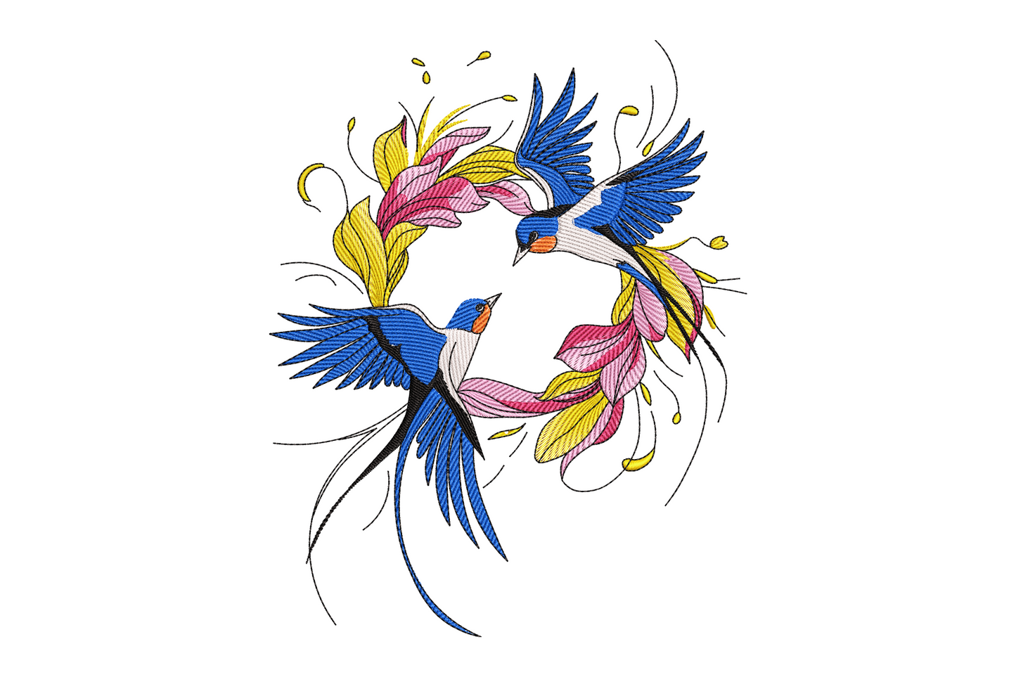 Swallow bird floral wreath embroidery design, two royal blue swallows in flight circling pink and gold tropical blooms.