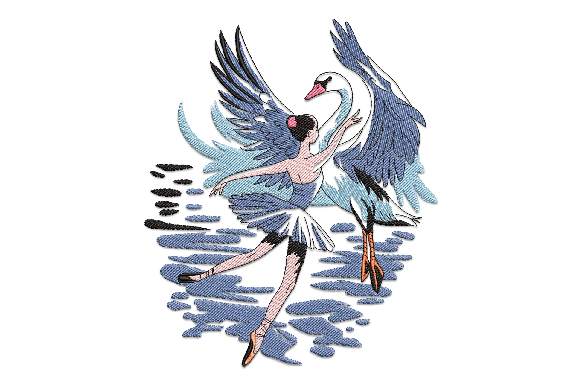 Swan lake ballet embroidery design with a ballerina merged with swan wings on water, 5 sizes in blush and blue.
