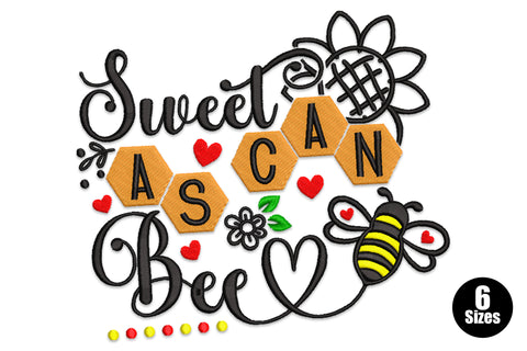 Sweet As Can Bee embroidery design with cursive script, orange honeycomb hex tiles, striped bumblebee, red hearts and daisy accent.