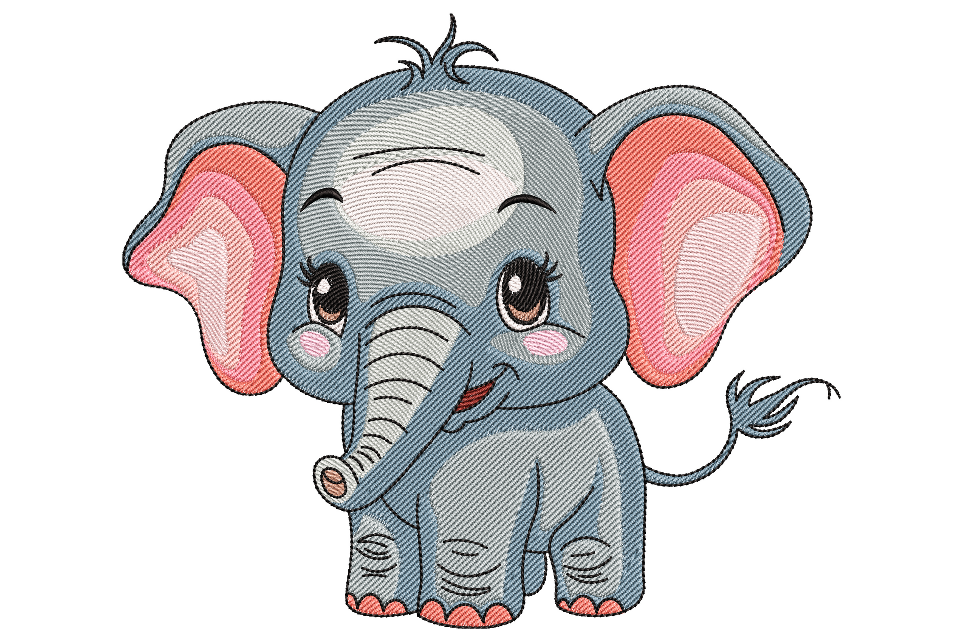 Sweet baby elephant embroidery design, blue-grey body, big pink ears, doe eyes with lashes and blush cheeks, sitting position.