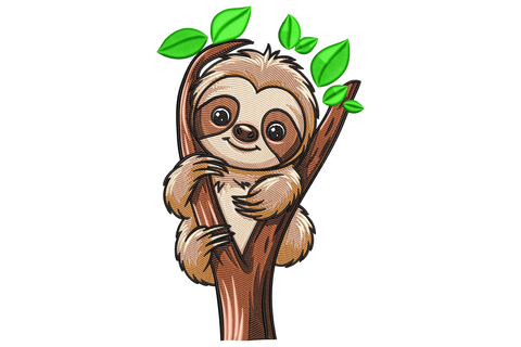 Sweet baby sloth embroidery clinging to tree trunk, detailed layered fur in brown and tan tones, green leaves, 9 colours.