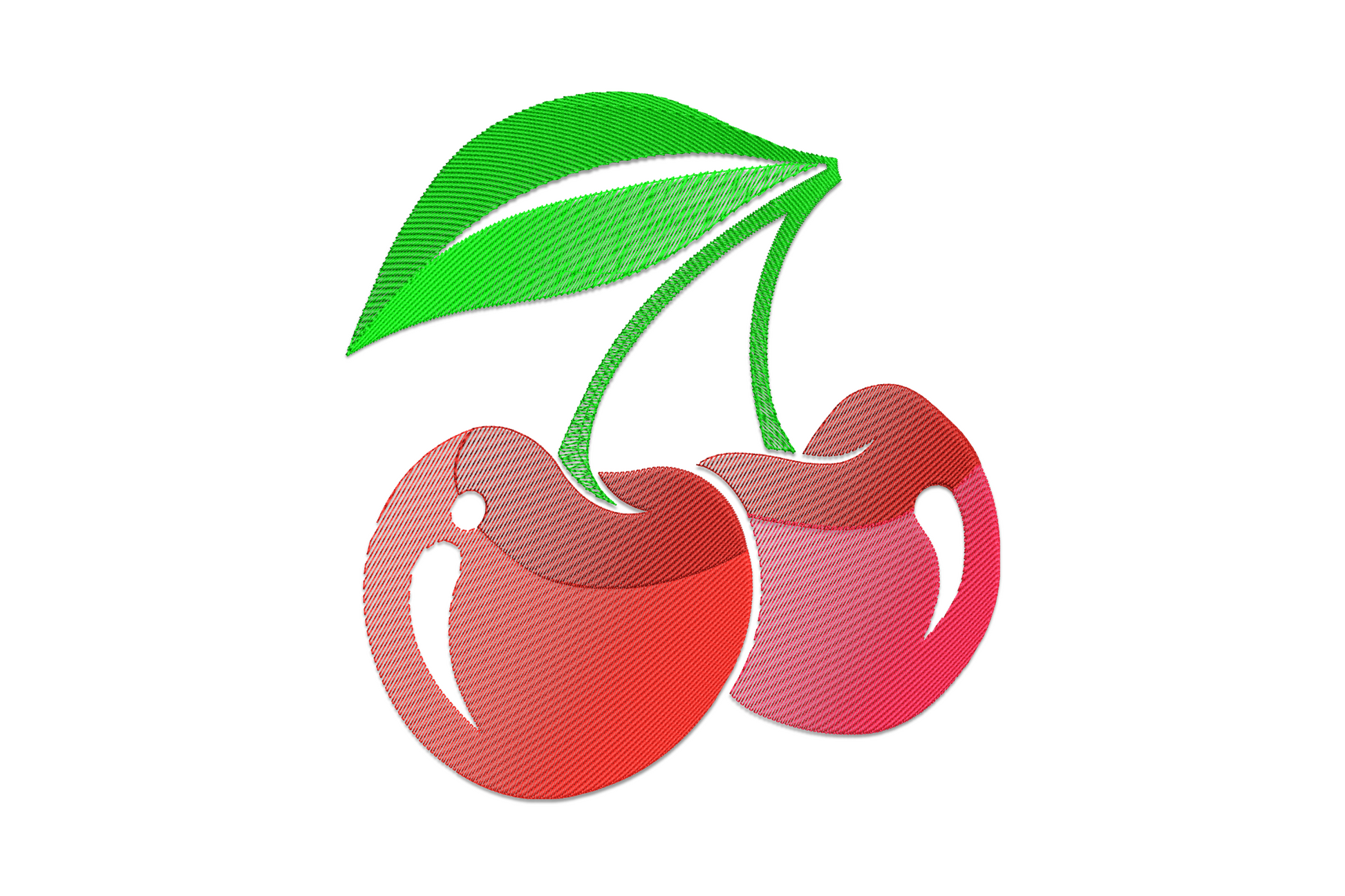 Sweet cherry pair embroidery design showing two round red cherries on joined stems with green leaf, satin fill shading.