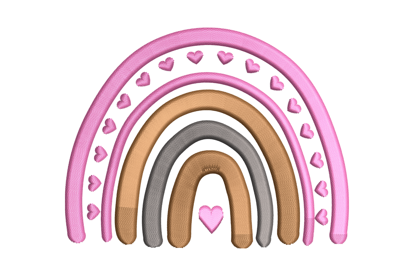 Boho rainbow embroidery design with pink, tan and grey arches, tiny hearts along the outer band and small heart at base