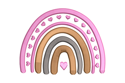 Boho rainbow embroidery design with pink, tan and grey arches, tiny hearts along the outer band and small heart at base