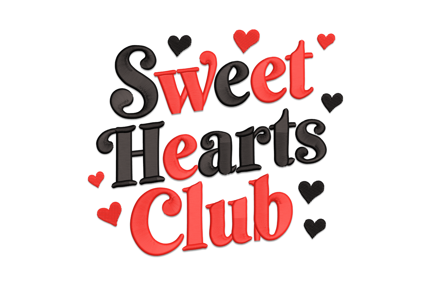 Sweet Hearts Club valentine embroidery design, chunky retro block lettering in red with decorative hearts, three stacked lines