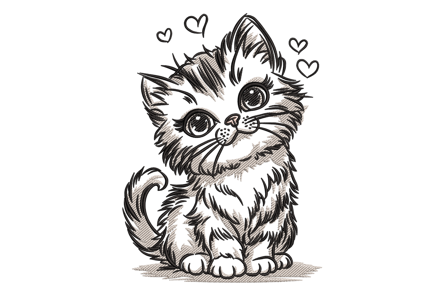 Sweet kitten embroidery design, fluffy sitting cartoon kitten with big eyes and floating hearts in warm brown and cream sketch style.