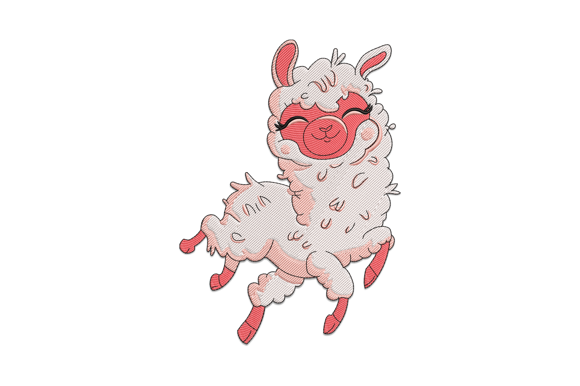 Sweet cartoon llama embroidery design with cream body, tan face, and colourful decorative saddle blanket, front-facing friendly expression