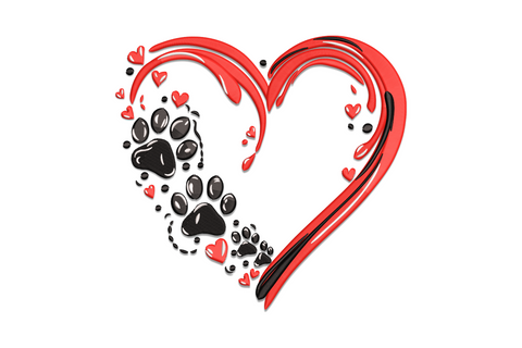 Paw print heart embroidery, red brushstroke outline, two black paw prints inside, scattered small hearts and dots.
