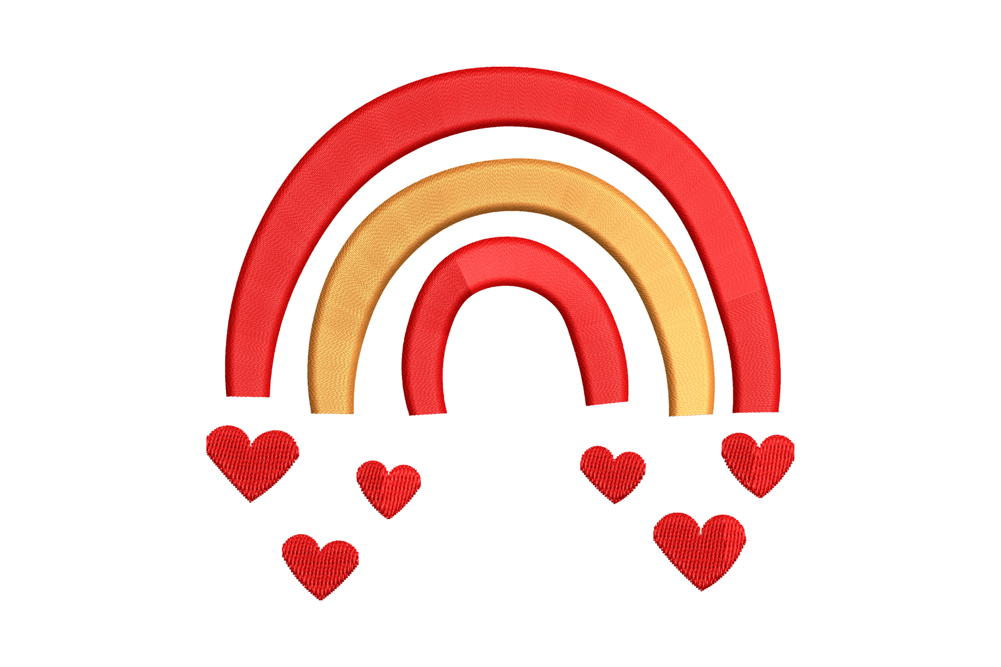 Sweet rainbow nursery embroidery design with three nested red and orange arches and four small red sketchy hanging hearts.