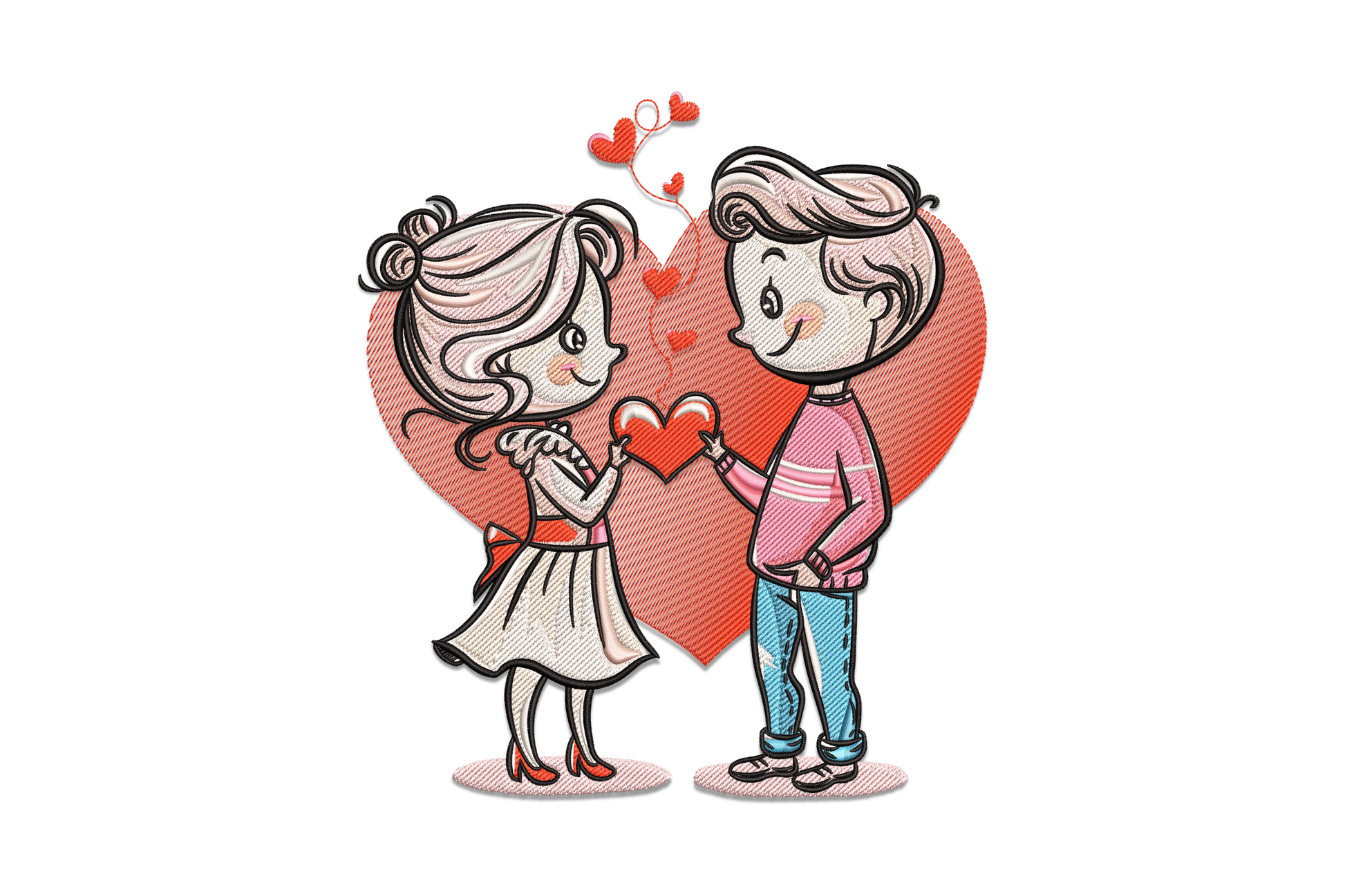 Sweet Valentine couple embroidery design in 19 warm colours, illustrated figures with romantic Valentine details