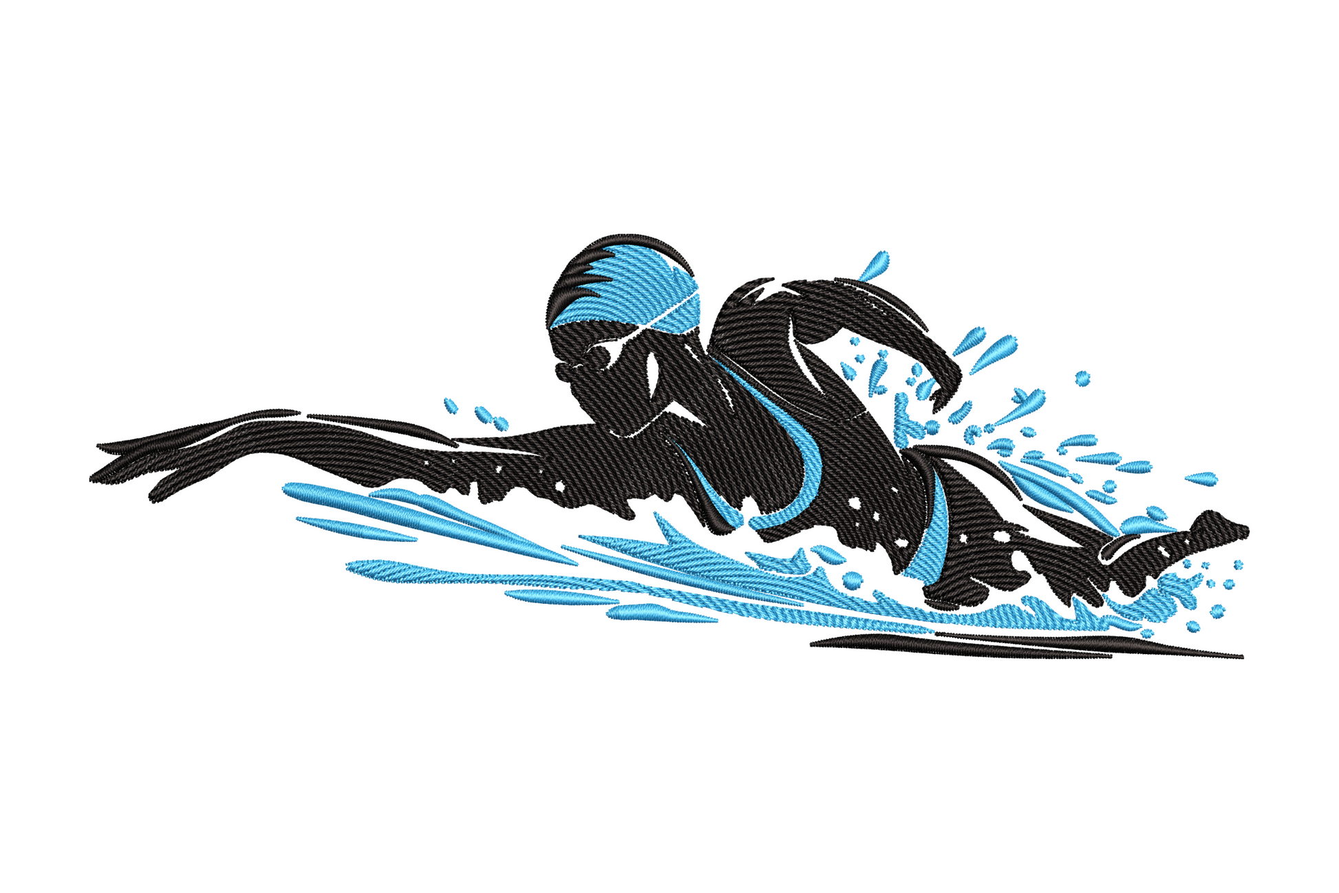 Swimming athlete embroidery design showing a competitive freestyle swimmer mid-stroke as a dark silhouette with electric blue water splash.