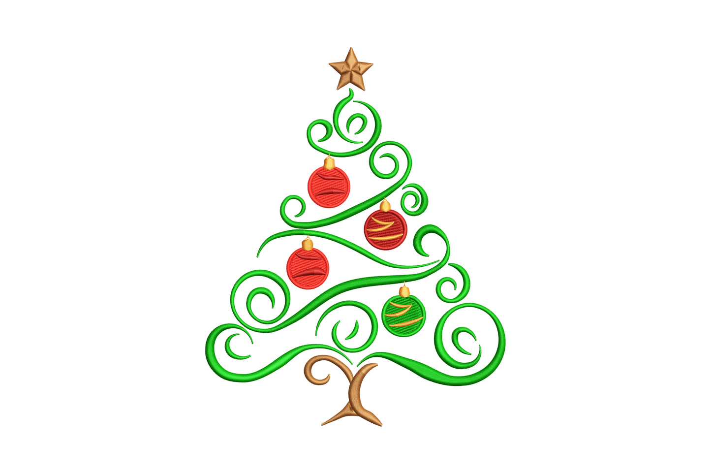 Swirl christmas tree embroidery design made of looping green vines with red and green ornaments and a gold star top, open linework style.
