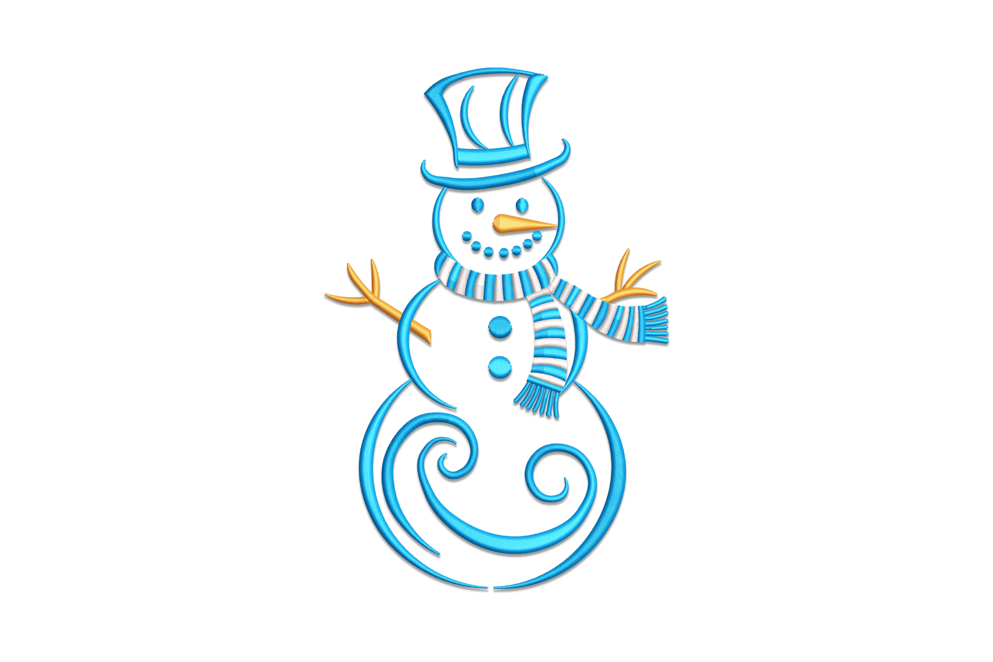 Swirl snowman embroidery with spiral body, striped scarf, top hat, carrot nose and twig arms in sky blue, orange and white, 5 sizes