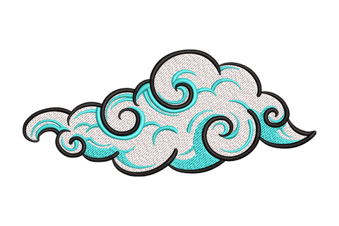 Swirly decorative cloud embroidery design, wide horizontal cloud with curling scroll spirals, aqua and white fill with black outline, Asian-style decorative motif