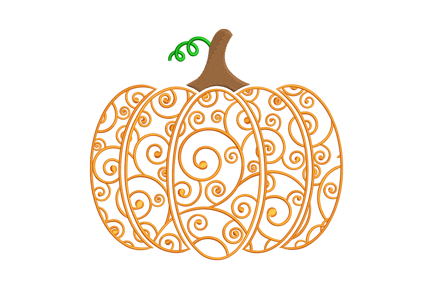 Swirly pumpkin embroidery design with orange filigree scrollwork body, brown stem and single curly green tendril.