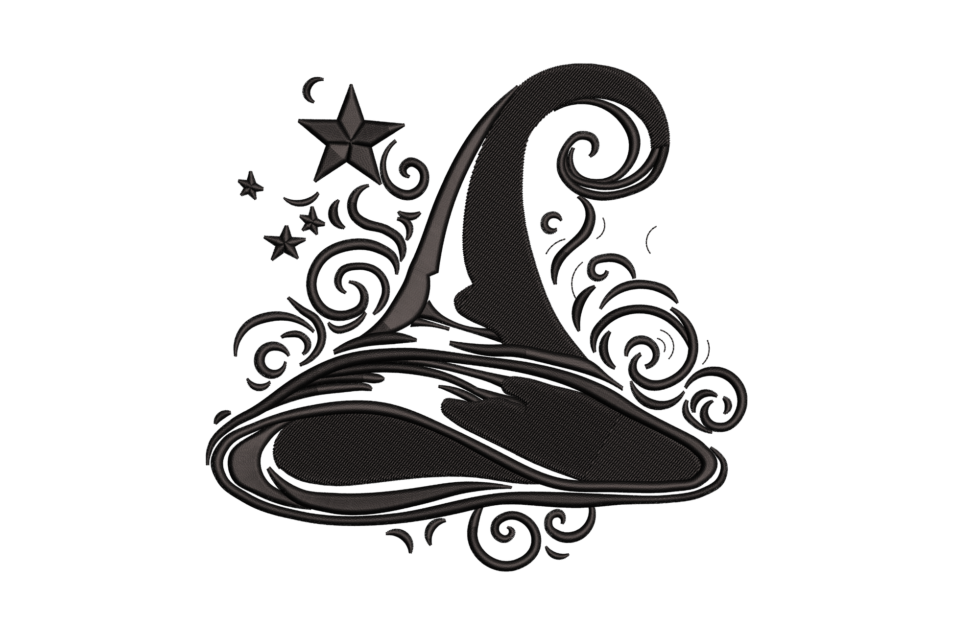 Black witch hat embroidery design with tall pointed crown, wide brim, large ornate swirl tendrils and small scattered stars.