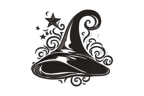 Black witch hat embroidery design with tall pointed crown, wide brim, large ornate swirl tendrils and small scattered stars.