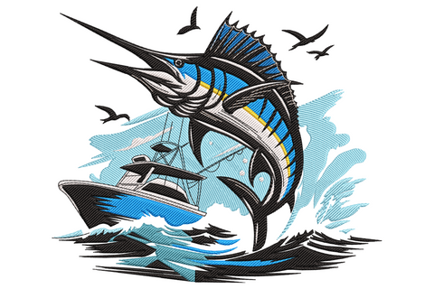 Swordfish leaping over a sport fishing boat with seagulls and crashing waves, blue, white and black embroidery scene.